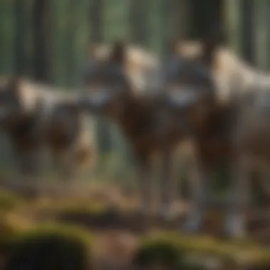 Wolves demonstrating a coordinated hunting strategy in a forested environment.