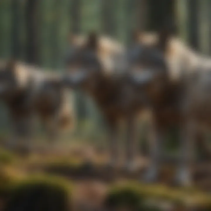 Wolves demonstrating a coordinated hunting strategy in a forested environment.