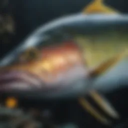Close-up view of a yellowtail fish displaying its vibrant colors and features.