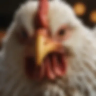 A close-up of a Yokohama chicken highlighting its distinct features