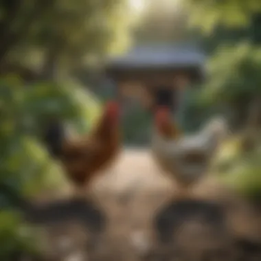 A vibrant scene of Yokohama chickens roaming freely in a garden