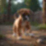 A playful Boxer puppy engaging in a lively activity outdoors.