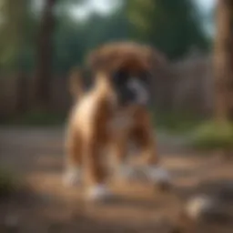 A playful Boxer puppy engaging in a lively activity outdoors.