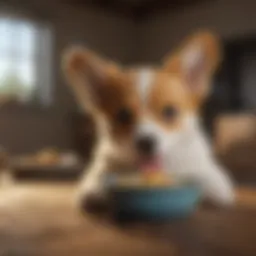 A corgi puppy happily eating from a bowl