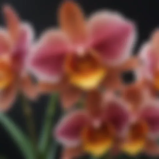 A close-up of Cymbidium orchid blooms showcasing vibrant colors