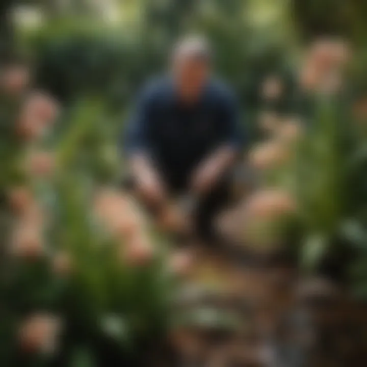 A gardener applying fertilizer to Cymbidium orchids in a lush garden