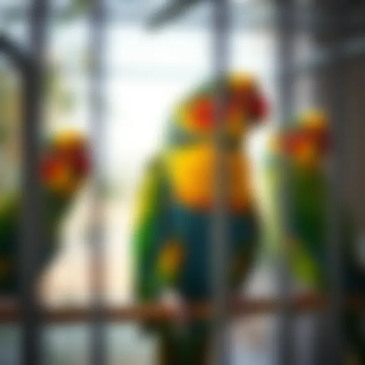 Colorful Parakeets in Spacious Cage Colorful parakeets perched in a spacious cage