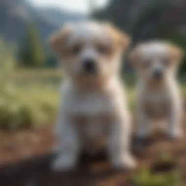 A serene outdoor scene with Havashire puppies exploring nature.