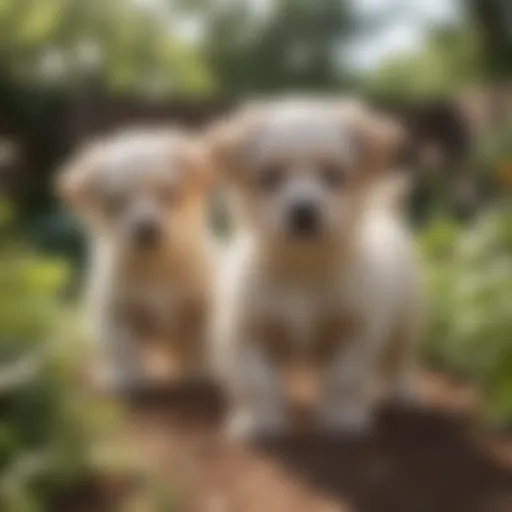 Adorable Havashire puppies playing in a garden.