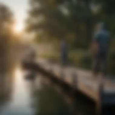 Anglers casting their lines from a dock, enjoying a peaceful fishing experience.