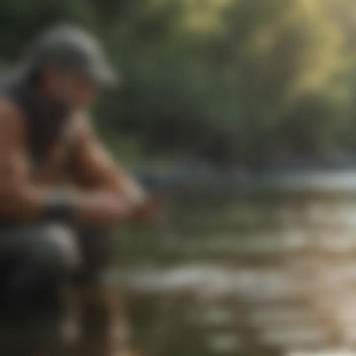 A close-up of a fisherman casting a line in tranquil waters