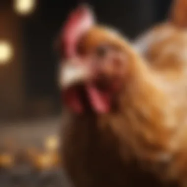 A close-up of a chicken exploring its environment