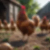 A vibrant display of chickens in a lush farmyard setting