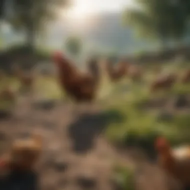 A flock of chickens foraging in a picturesque landscape