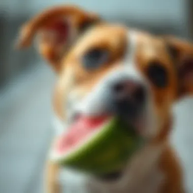 Dog Enjoying Watermelon A close-up of a dog enjoying a slice of watermelon
