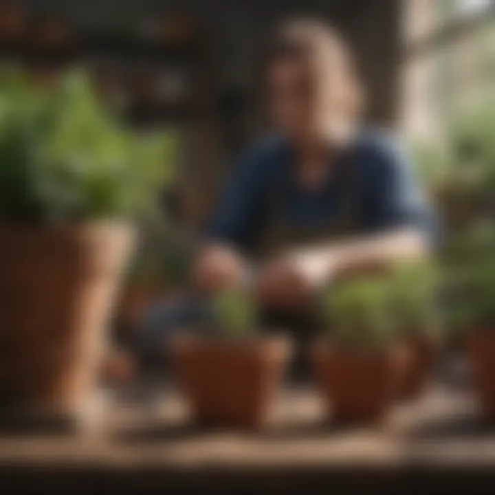 A gardener tending to flower plants in small pots with tools.