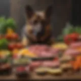 A vibrant display of raw meat, vegetables, and supplements for German Shepherds