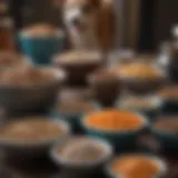 A variety of dog food options displayed in bowls