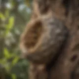 Close-up of a wasp nest nestled in a tree branch