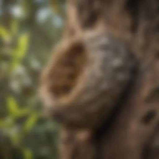 Close-up of a wasp nest nestled in a tree branch