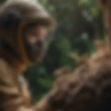 Person wearing protective gear observing a wasp nest