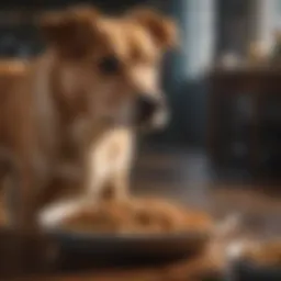 A new dog looking curiously at a bowl of food