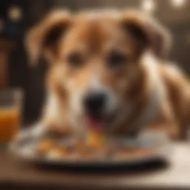 A relaxed dog enjoying its meal