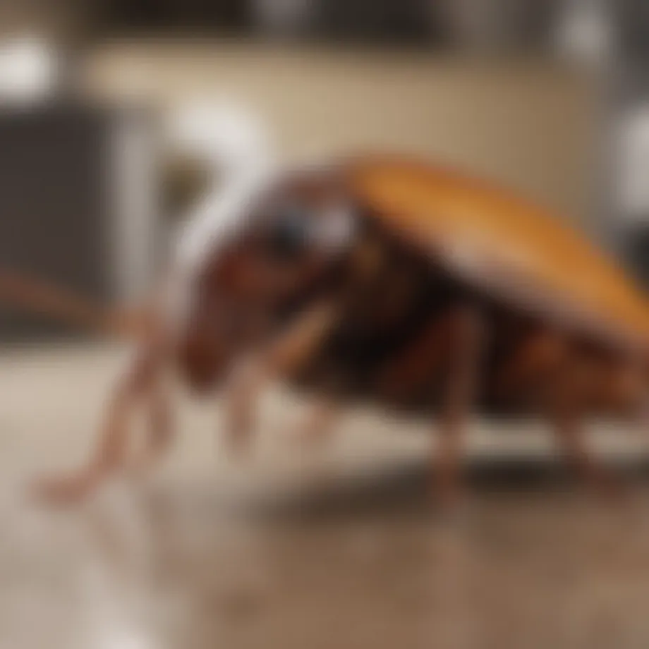 Close-up of a cockroach in a kitchen setting