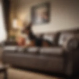 A dog observing a couch with curiosity, showcasing its natural instinct towards furniture.