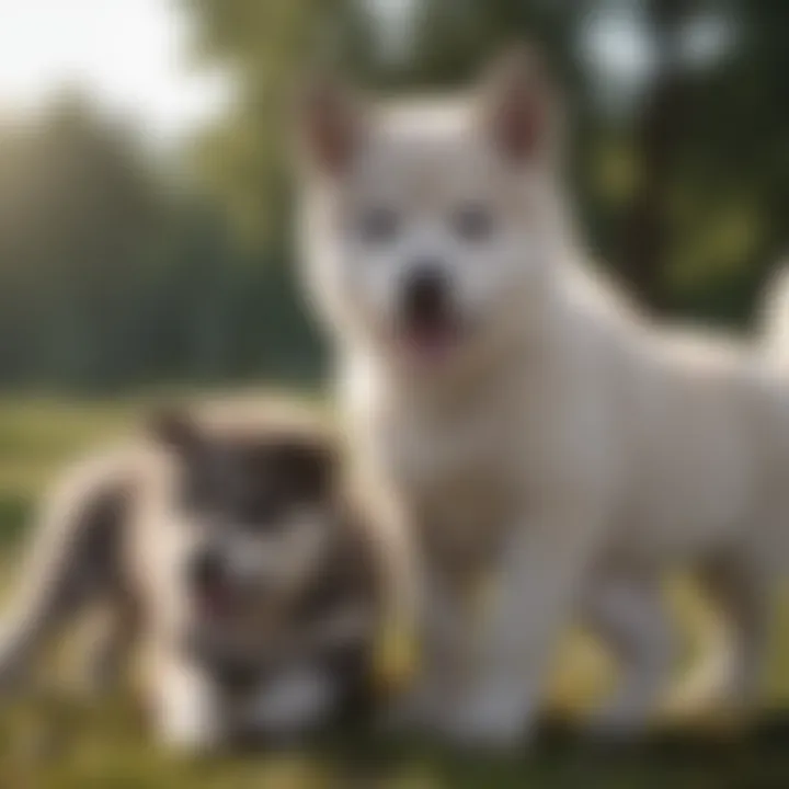 Playful Huskita puppies engaging in friendly interaction.