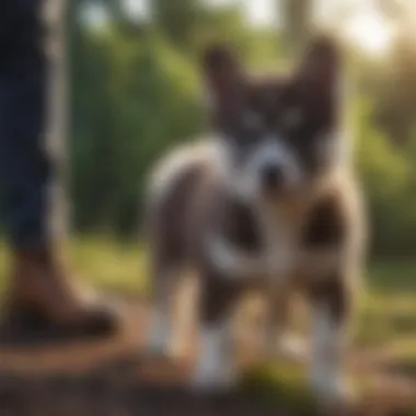 A Huskita puppy receiving training from its owner.