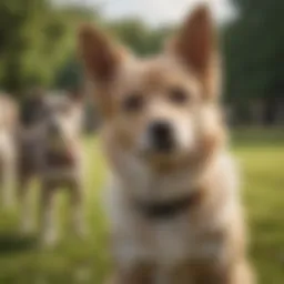 A group of diverse hypoallergenic dog breeds in a park setting
