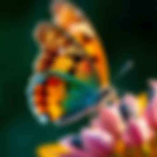 Intricacies of Butterfly Wing Patterns A close-up of a vibrant butterfly perched on a flower, showcasing its intricate wing patterns.