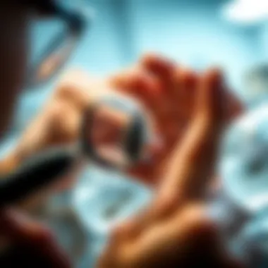 Detailed Examination of Insect Specimens An expert entomologist examining insect specimens through a magnifying glass, highlighting detailed features.