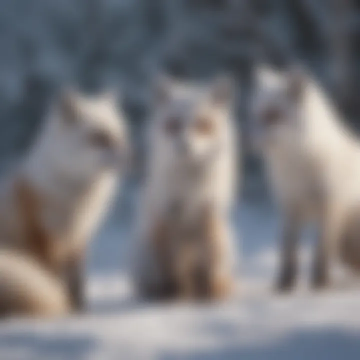 A playful group of Arctic foxes interacting in the snowy landscape, illustrating their social structure.