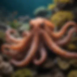 A vibrant underwater scene showcasing an octopus camouflaging among corals.