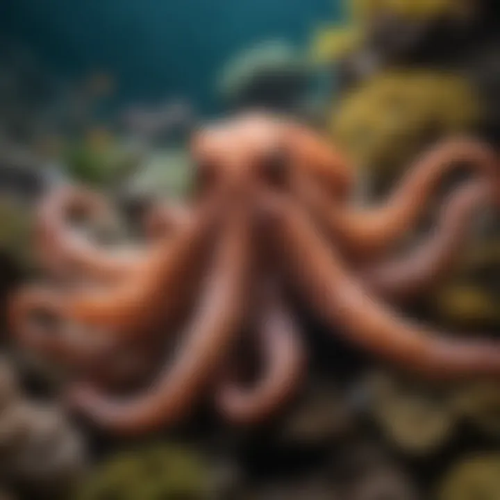A vibrant underwater scene showcasing an octopus camouflaging among corals.