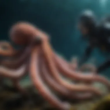Intelligent Encounters: Octopus and Diver An octopus interacting with a diver, highlighting their intelligence and curiosity.