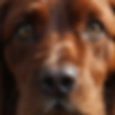 A close-up of an Irish Setter's expressive eyes