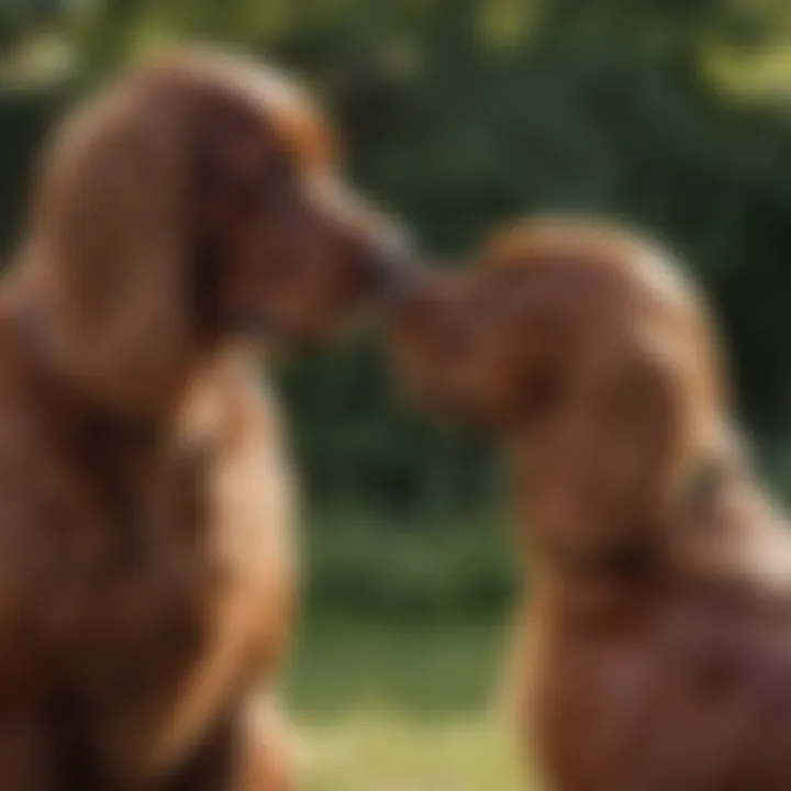 An Irish Setter being groomed in a serene setting