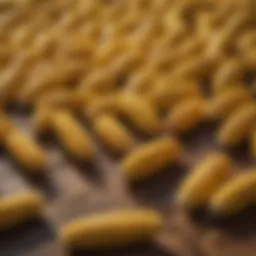 A close-up of corn kernels on a wooden surface