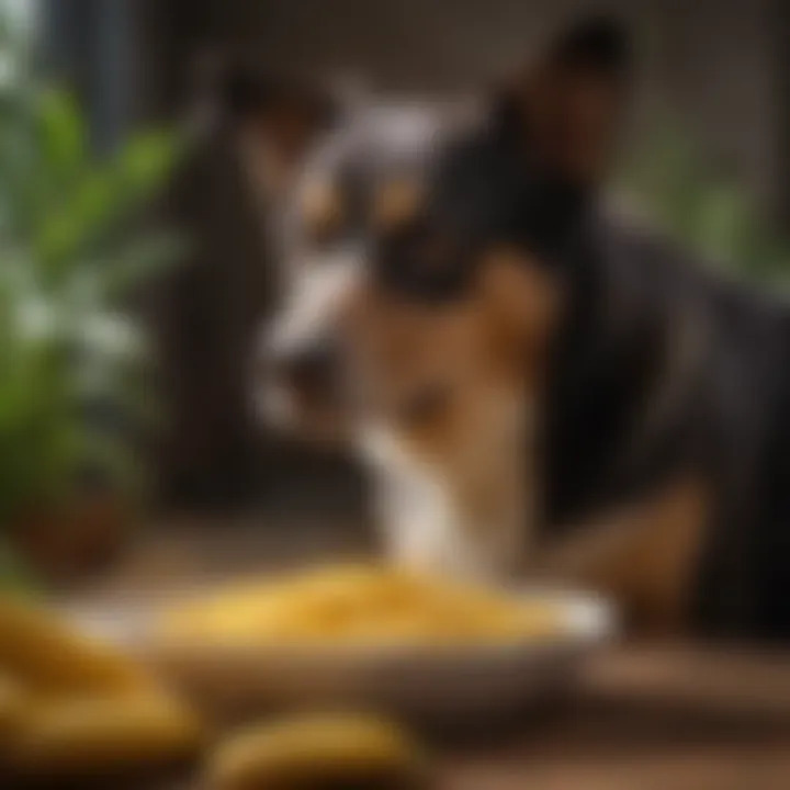 A dog curiously sniffing a bowl of corn