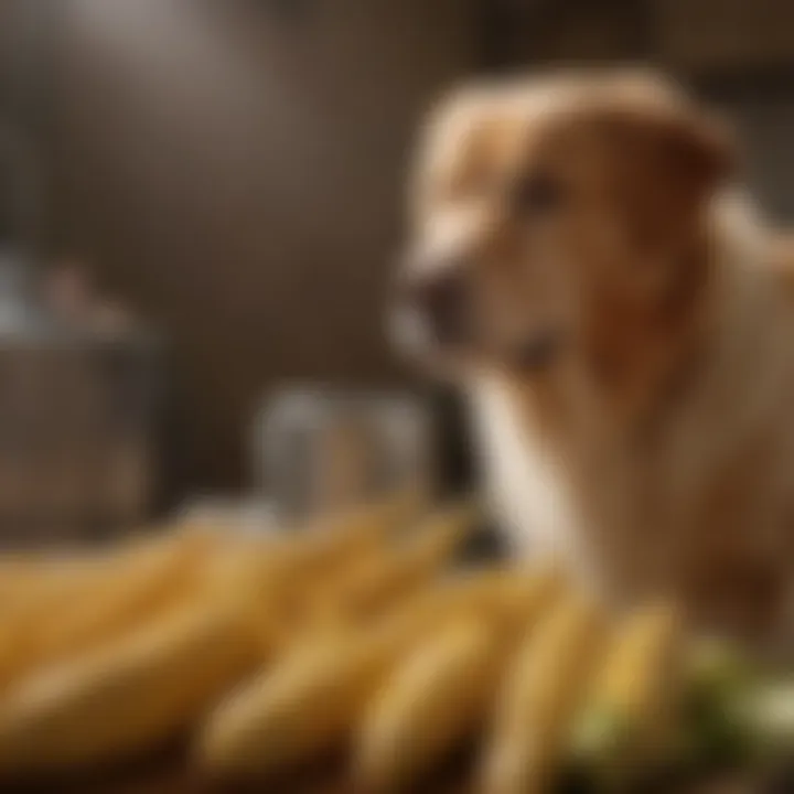 A vet examining a dog with corn-related dietary information in the background