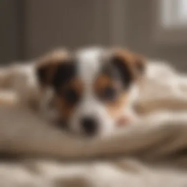 A serene scene of a Jack Russell puppy resting on a cozy blanket