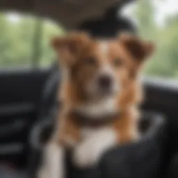 Dog comfortably secured in a KH dog car seat during a road trip