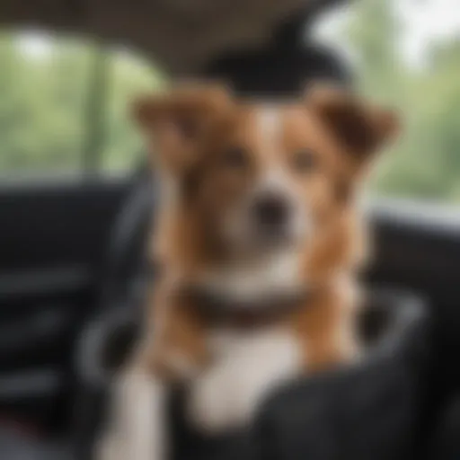Dog comfortably secured in a KH dog car seat during a road trip