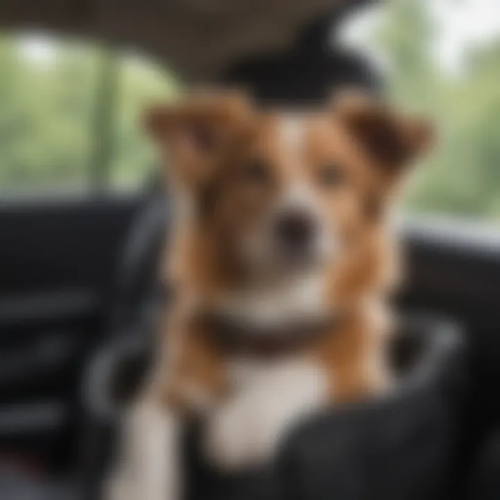 Dog comfortably secured in a KH dog car seat during a road trip