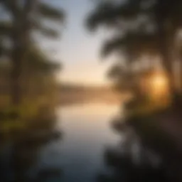 Serene view of Lake Conroe Park at sunrise, showcasing calm waters and lush surroundings.