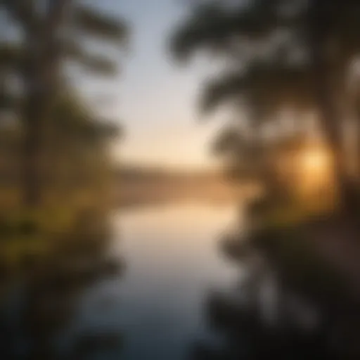 Serene view of Lake Conroe Park at sunrise, showcasing calm waters and lush surroundings.