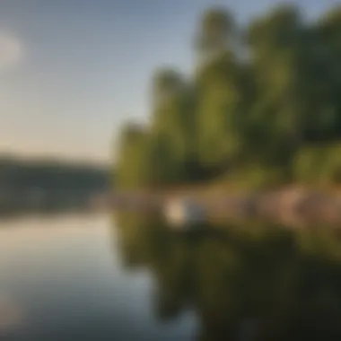 A serene landscape of Lake Norman with clear waters reflecting the surrounding trees and a distant view of recreational boats.